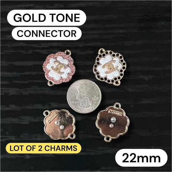 Lot of 2 CC Connector Gold Tone Clover Zipper Pull Button Charms 22mm - Picture 1 of 1